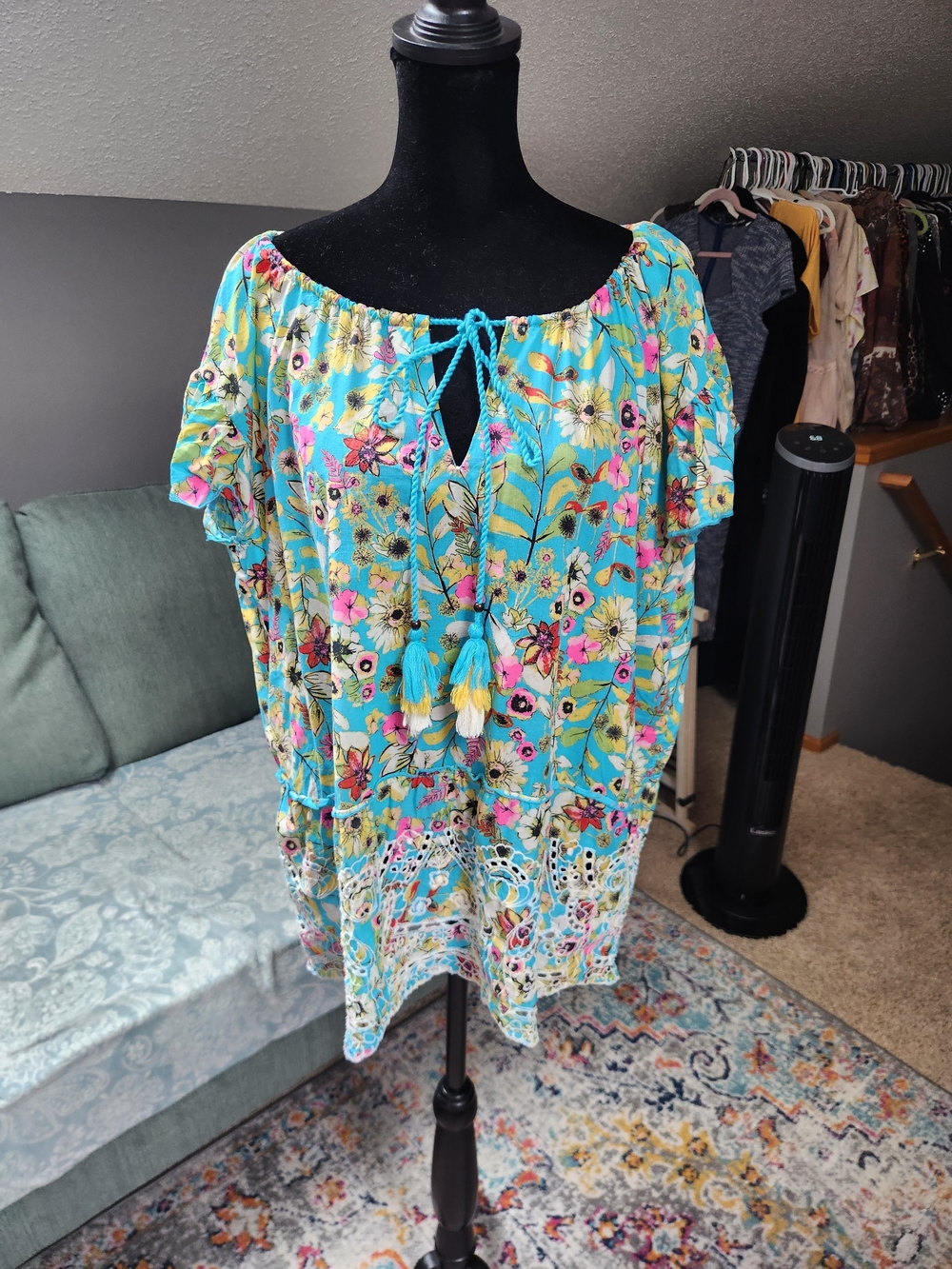 Relativity Turquoise Floral Boho Peasant Top Tassel Tie & Embroidery XL  cotton